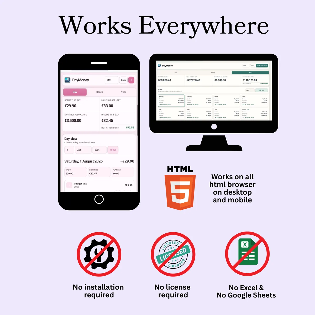 DayMoney works on desktop and mobile browsers with no installation, license key, Excel or Google Sheets required